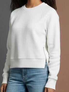 Varley Manning White Ribbed Crewneck Sweatshirt Jumper Side Zips
